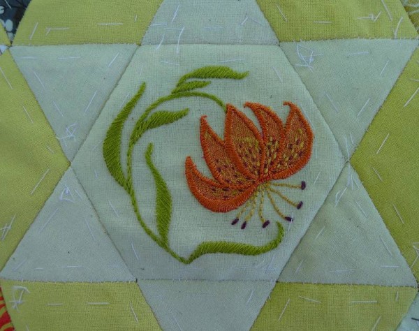 Ipsden Church, Oxon: patchwork altar frontal, detail of tige lily (hand embroidered by Mary 