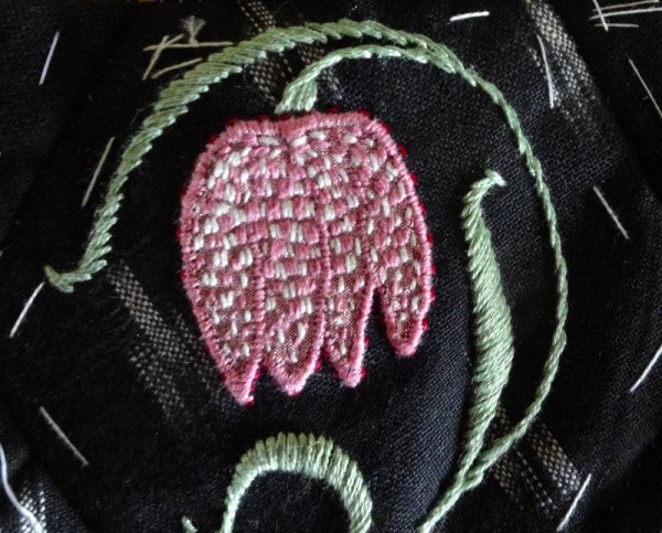 Ipsden Church, Oxon: patchwork altar frontal, detail of snake's head fritillery (hand embroidered by Mary Addison)