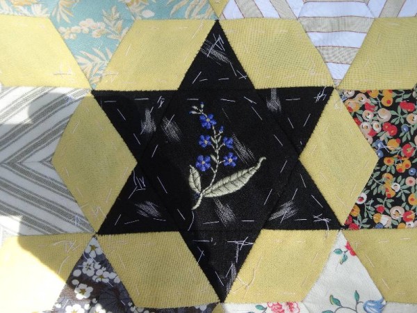 Ipsden Church, Oxon: patchwork altar frontal, detail of forget-me-not (hand embroidered by Mary Addison)