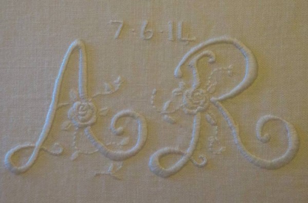 Wedding monogram: A & R (hand embroidered by Mary Addison, 2014)