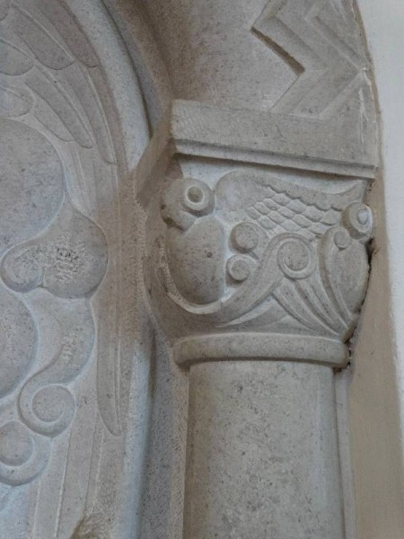 Rothbarth Memorial by Eric Kennington in Checkendon Church: detail showing owl capital