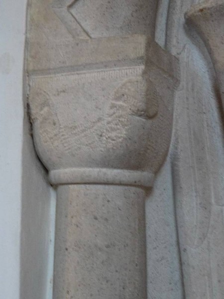 Rothbarth Memorial by Eric Kennington in Checkendon Church: detail showing detail of unfinished owl capital