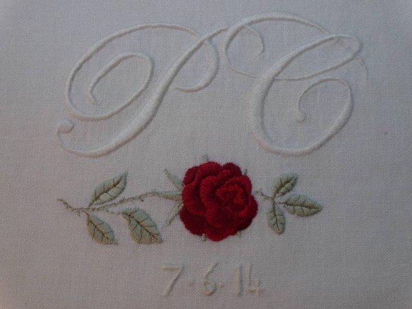 P & C Wedding monogram with rose (hand embroidered by Mary Addison)