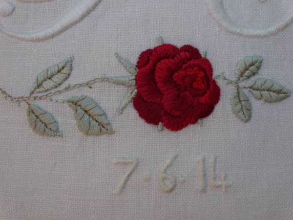 Embroidered rose from P & C wedding monogram (hand embroidered by Mary Addison)