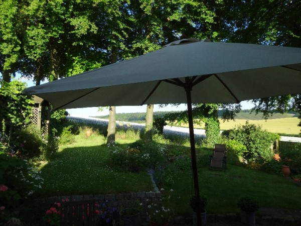 Ipsden vicarage garden with view to opium poppy field beyond (late June 2014)