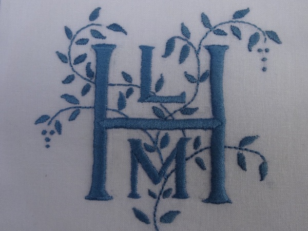 LMH monogram using woad dyed embroidery cotton 