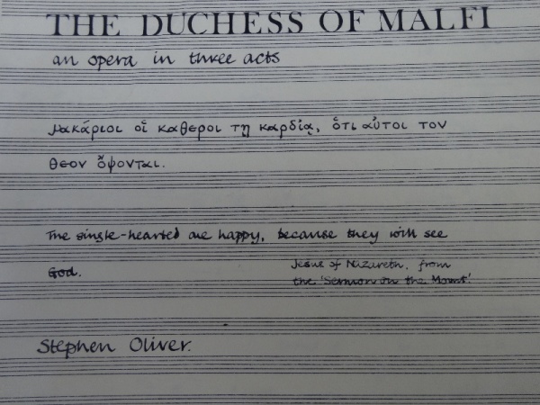 Frontispiece of score of 'The Duchess of Malfi' an opera  by Stephen Oliver