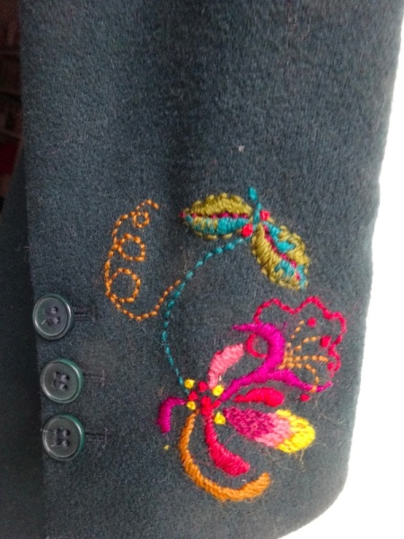 Hand embroidered honeysuckle in crewel wools
