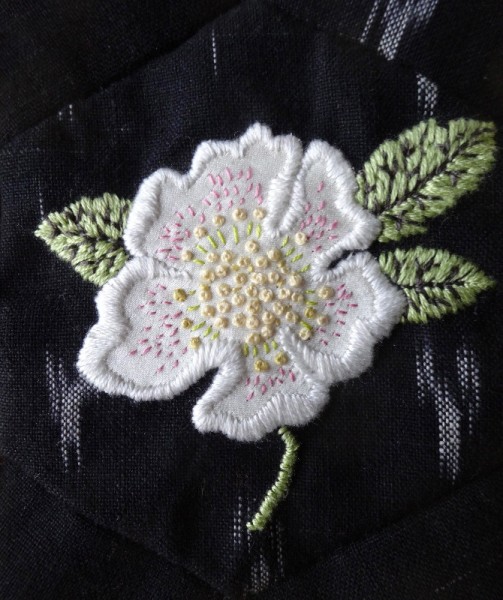 Hellebore/Christmas rose: detail of handembroidery