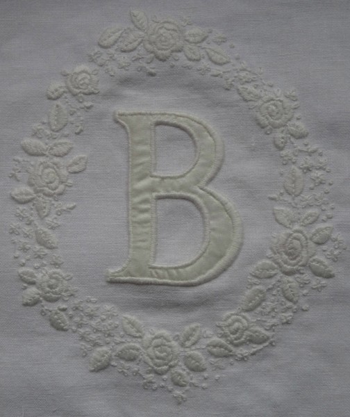 Whitework initial B with rambling roses (hand embroidered by Mary Addison)