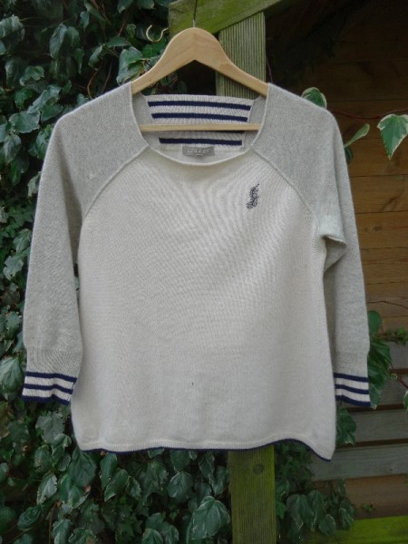 Jigsaw jumper with feather embroidered over darning