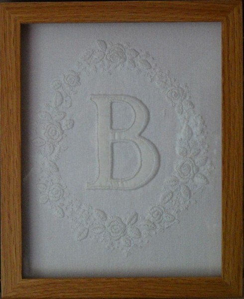 Framed initial B with rose wreath (hand embroidered by Mary Addison)