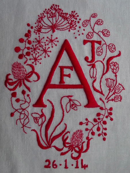 Monogram AFJ in red (hand embroidered by Mary Addison)