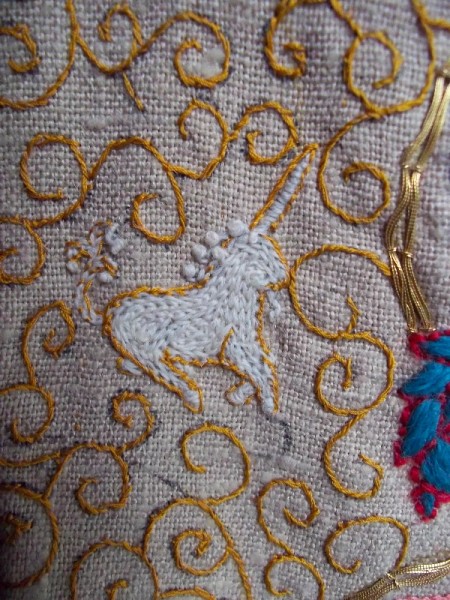 Unicorn from Elizabethan embroidered jacket (made by Mary Addison)