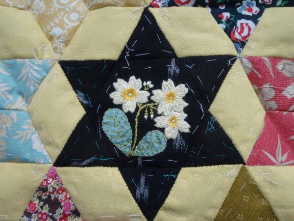Primrose, hand embroidered by Mary Addison (for altar frontal for Ipsden Church, Oxon.)