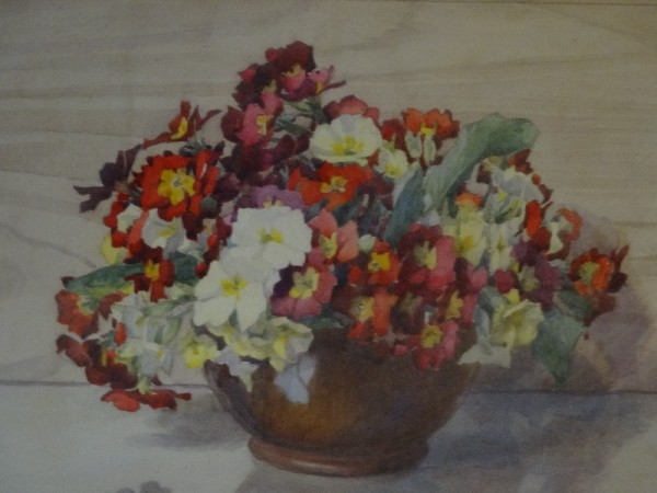 Water colour of primroses and primulas by Bertha Fowle 