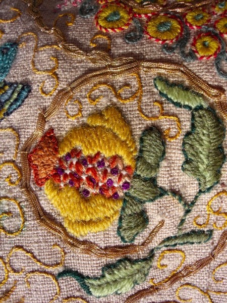 Pomegranate from embroidered Elizabethan jacket (hand embroidered by Mary Addison) 