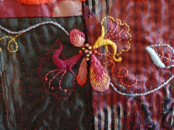 Embroidered honeysuckle on kimono silk