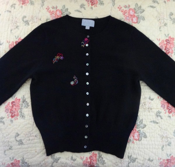 Black cardigan with just embroidered feathers (embroidered by Mary Addison) 