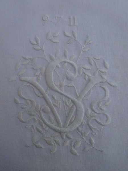 VS whitework monogram (hand embroidered by Mary Addison)