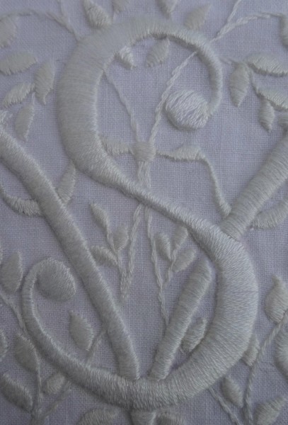 VS whitework monogram: detail (hand embroidered by Mary Addison)