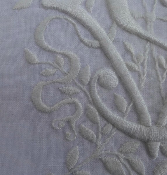 VS whitework monogram: detail (hand embroidered by Mary Addison)