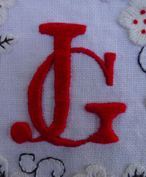 JG monogram (hand embroidered by Mary Addison)