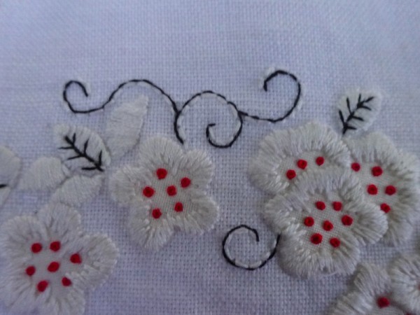 JG monogram: detail of flowers (hand embroidered by Mary Addison)