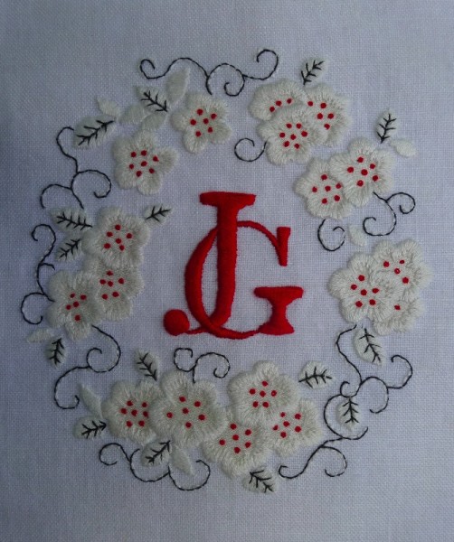 JG monogram (hand embroidered by Mary Addison)