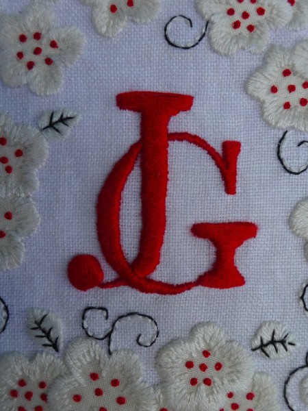 JG monogram (hand embroidered by Mary Addison)