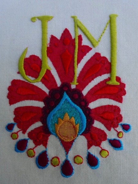 JM monogram in suzani style (hand embroidered by Mary Addison)