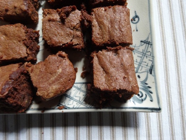 Chestnut Brownies (Dan Lepard's recipe but using Amaretto liquer instead of rum); served on a Vietnamese pottery platter