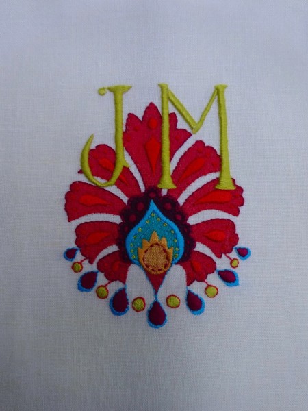 JM monogram in suzani style: improved version (hand embroidered by Mary Addison)