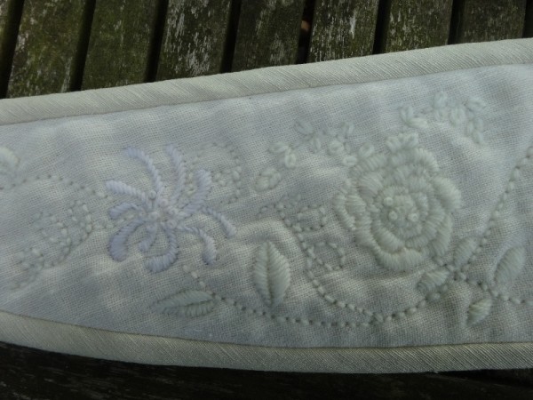 Linen tie back: detail of embroidery showing the wrong shade tapestry wool (hand embroidered by Mary Addison)