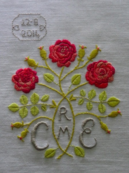 Arts and Crafts style rose monogram (hand embroidered by Mary Addison)