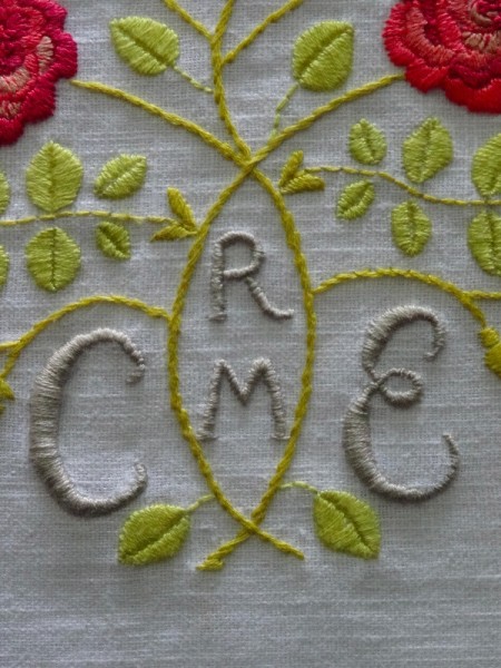 Arts & Craft Gimson style rose monogram (hand embroidered by Mary Addison)