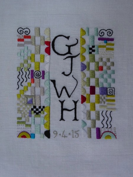 Building block monogram: a baptismal present for a baby boy (hand embroidered by Mary Addison)