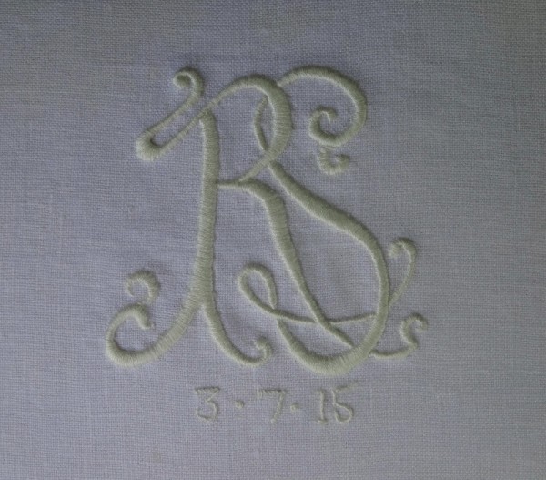 RS monogram on linen (hand embroidered by Mary Addison)