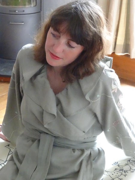 Viyella dressing gown with embroidered sleeves (hand embroidered by Mary Addison)
