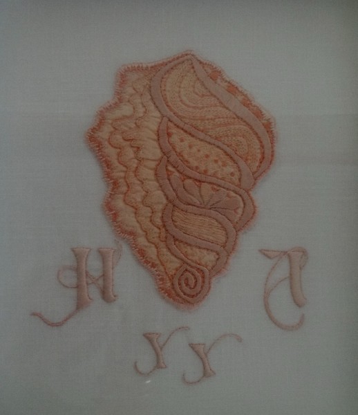 Shell embroidery with initial H,YY,A (hand embroidered by Mary Addison)