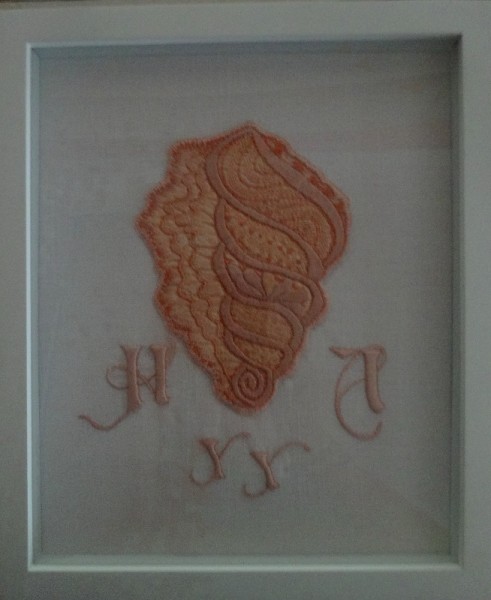 Shell embroidery with initial H,YY,A (hand embroidered by Mary Addison)