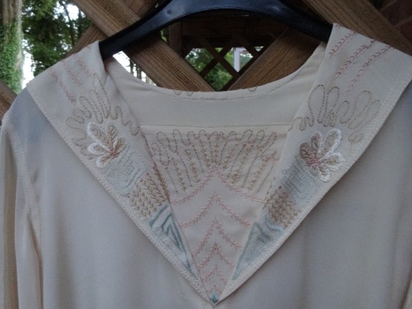 Detail of hand embroidered silk crepe de chine blouse (hand embroidered by Mary Addison)