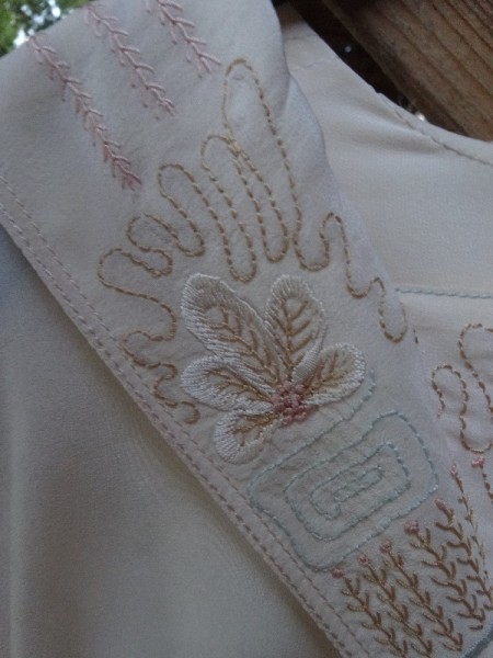 Detail of hand embroidered silk crepe de chine blouse (hand embroidered by Mary Addison)