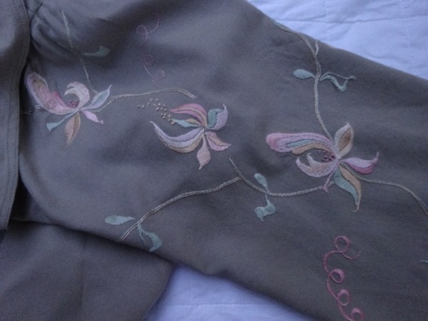 Viyella dressing gown : detail of embroidered sleeve (hand embroidered by Mary Addison)