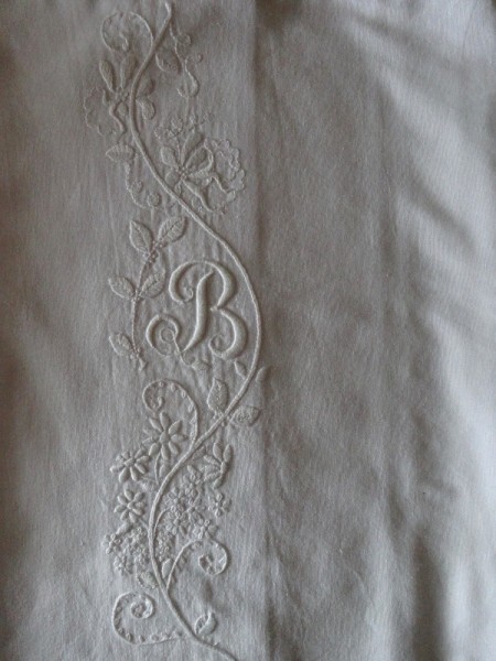 Linen pillowcase with monogram B (hand embroidered by Mary Addison) 