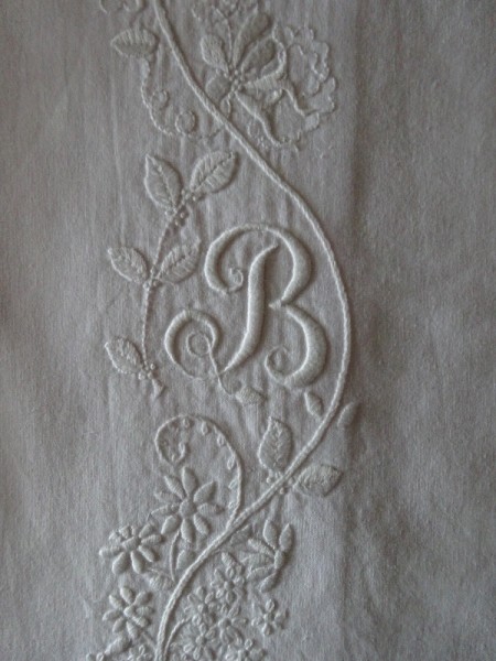 Linen pillowcase with monogram B (hand embroidered by Mary Addison) 