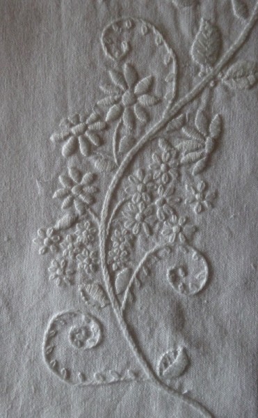 Linen pillowcase with monogram B: detail (hand embroidered by Mary Addison) 