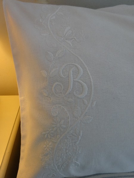 Linen pillowcase with monogram B (hand embroidered by Mary Addison) 