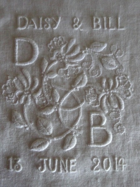 D & B wedding monogram (hand embroidered by Mary Addison)