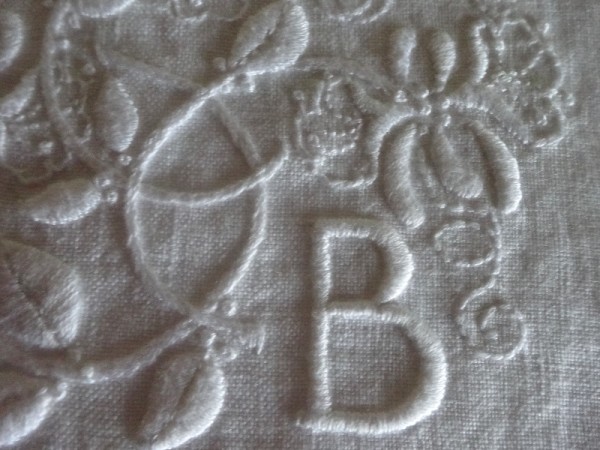 D & B wedding monogram with honeysuckle: detail (hand embroidered by Mary Addison)